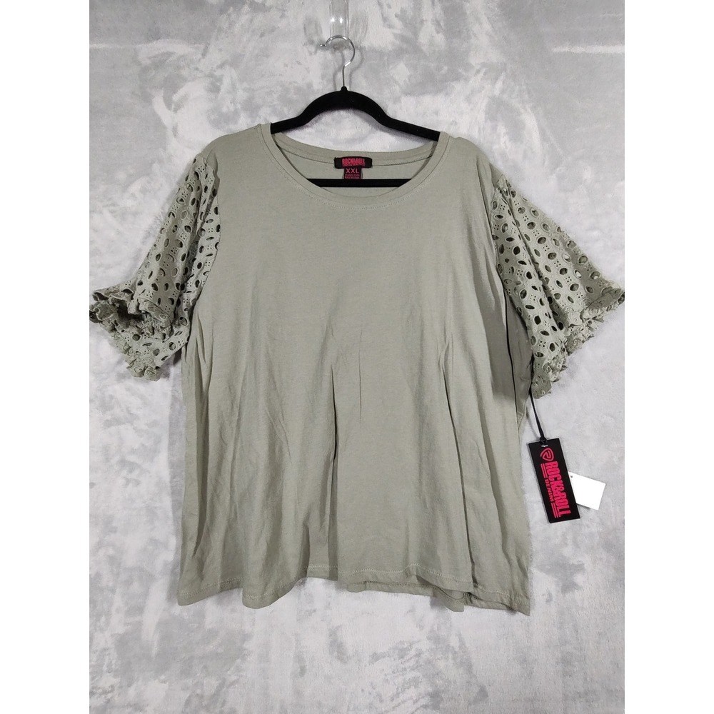 Rock & Roll Denim Sage Green Eyelet Lace Flutter Sleeve Top‎ XXL BW21T03244 NEW